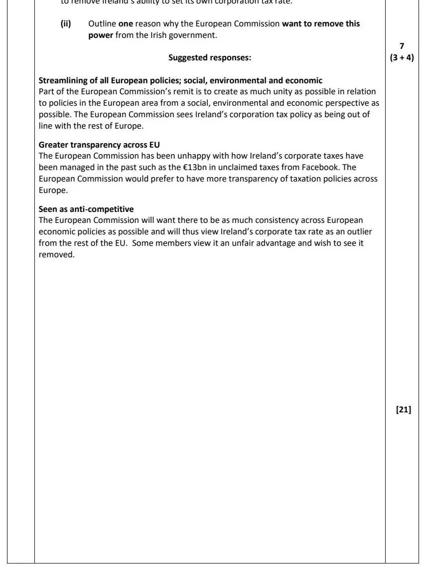 2021 Question 12 (b) marking scheme extract