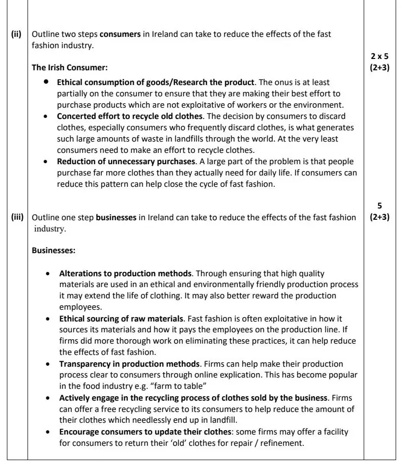 2022 Question 16 (b) & (c) marking scheme extract
