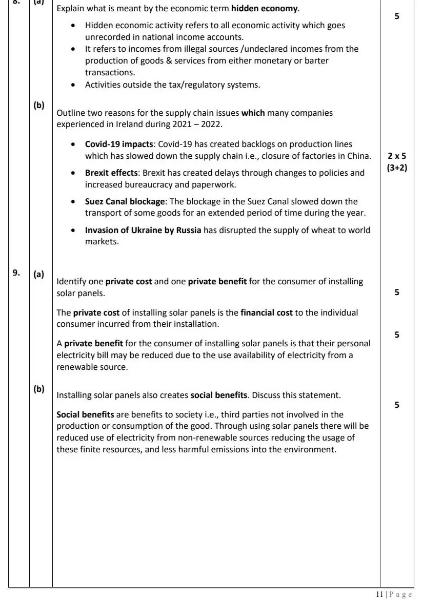 2022 Question 9 marking scheme extract