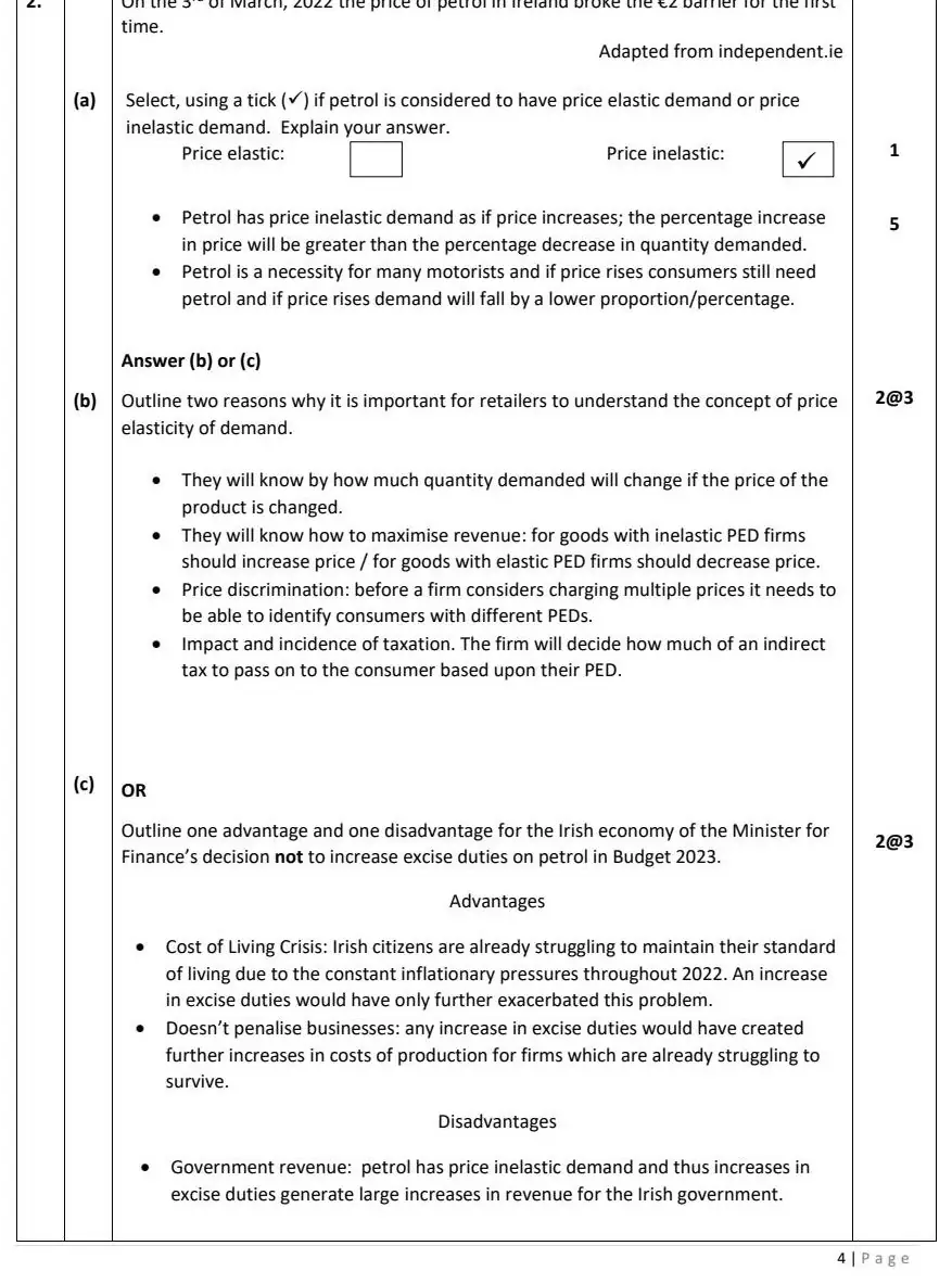 2023 Question 2 marking scheme extract