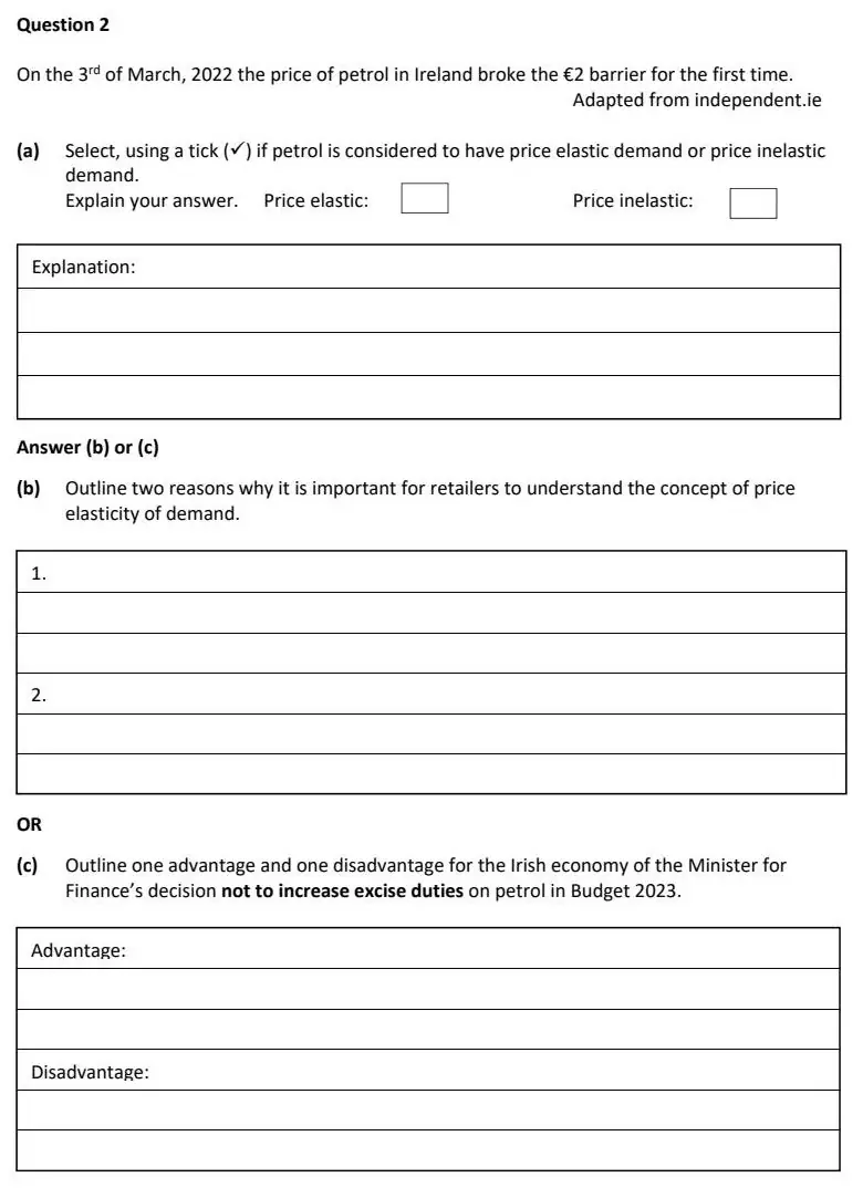 2023 Question 2 exam extract