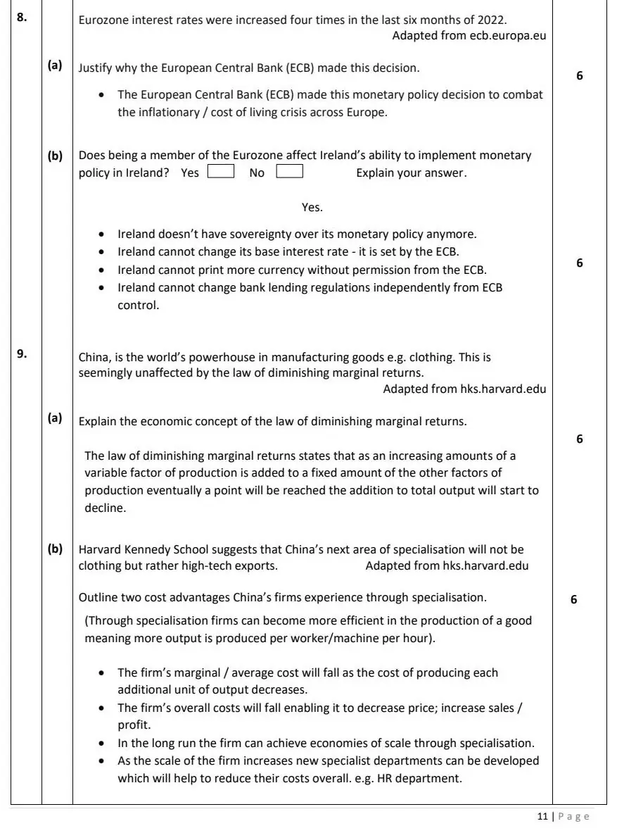 2023 Question 8 marking scheme extract